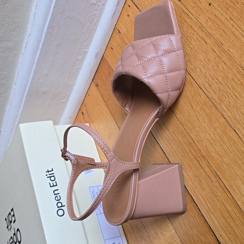 Open Edit, Quilted Square Toe Block Heel Sandals, Tan Mocha, EUC, Women's 8M - Picture 6 of 15